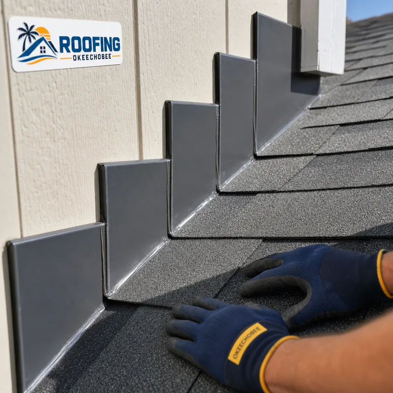 Correctly installed step flashing and counterflashing at a roof-to-wall transition