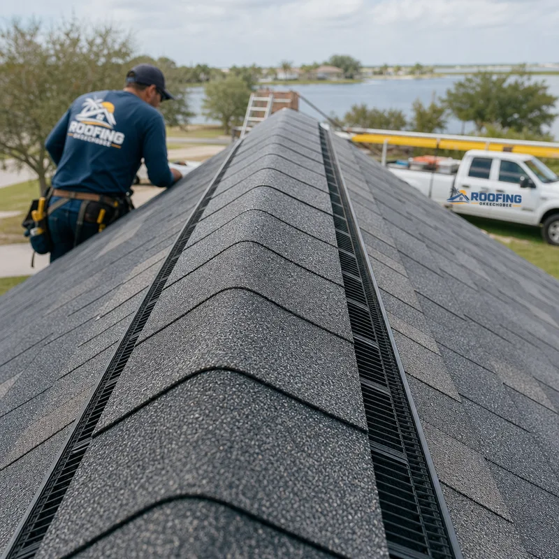 Finished ridge cap shingles and continuous ridge vent viewed from above