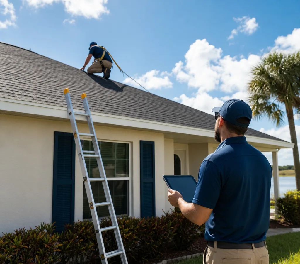 Roofing crew safely inspecting and documenting the condition of a single-story Florida home's shingle roof