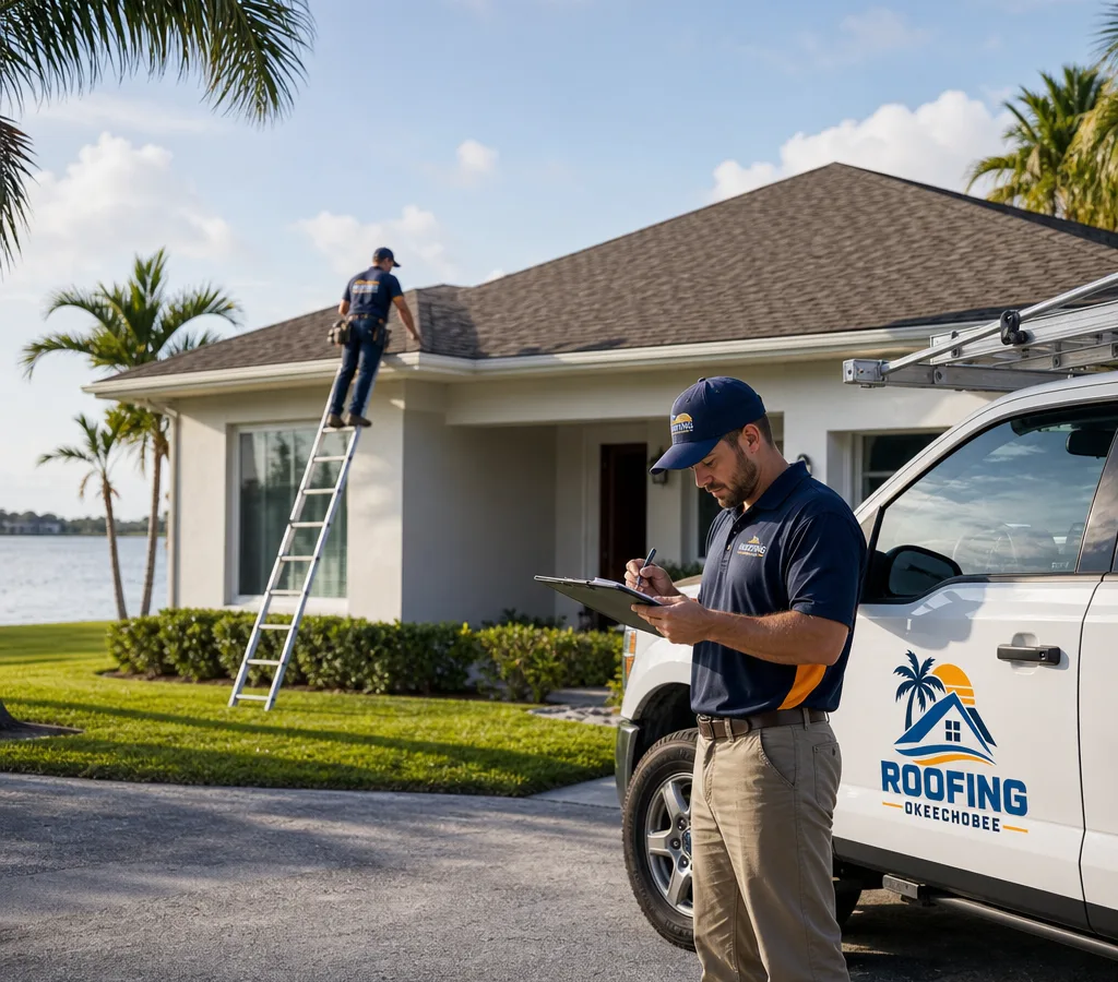 Roofing crew safely inspecting and documenting the condition of a single-story Florida home's shingle roof