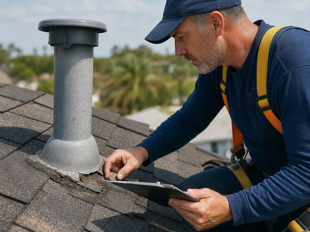 Roofer documenting cracked sealant and lifted shingles around vent-pipe flashing