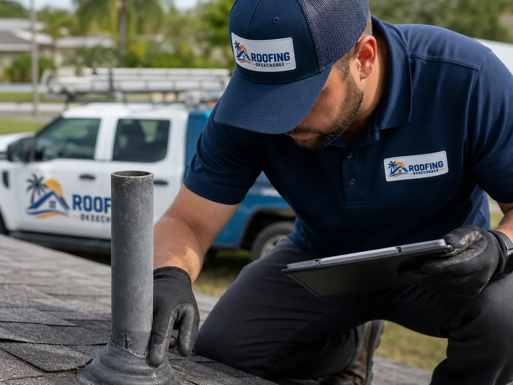 Roofer documenting cracked sealant and lifted shingles around vent-pipe flashing