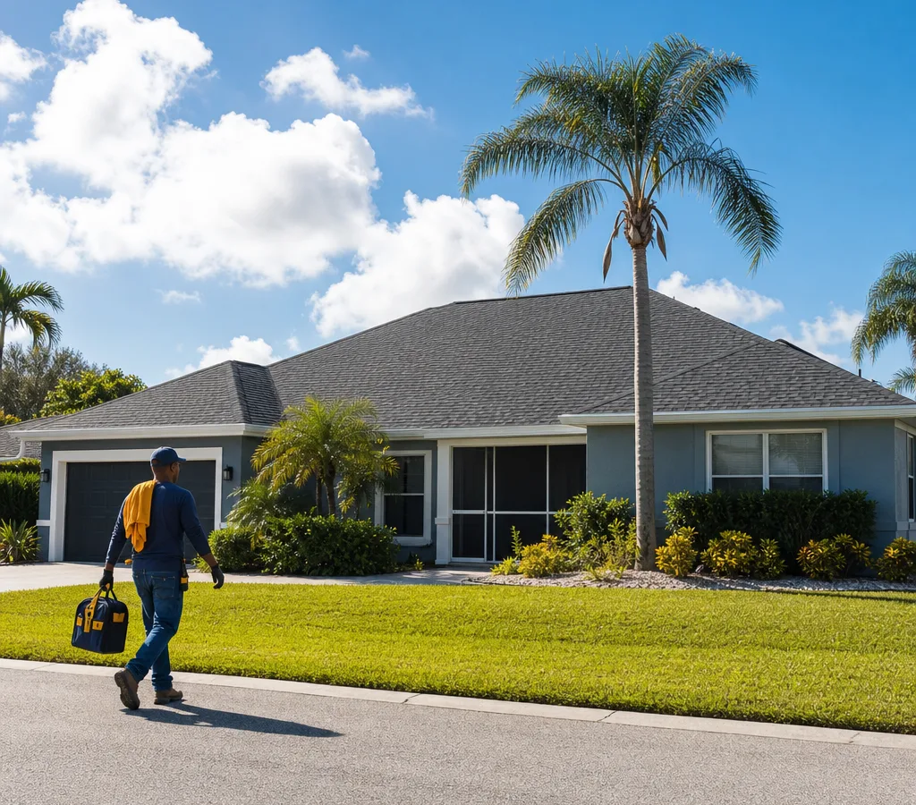 Finished shingle roof on an Okeechobee-area home under a blue Florida sky
