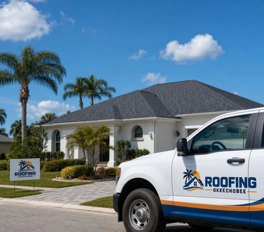 Finished shingle roof on an Okeechobee-area home under a blue Florida sky