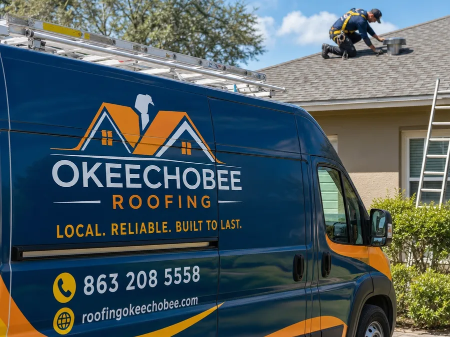 Roofing technician inspecting flashing and vent penetrations with safety gear