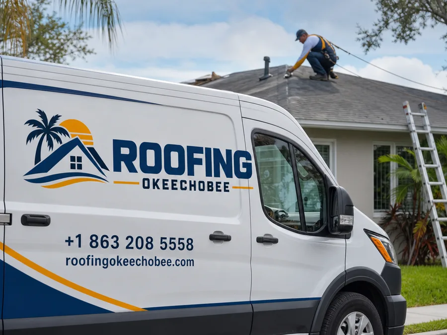 Roofing technician inspecting flashing and vent penetrations with safety gear