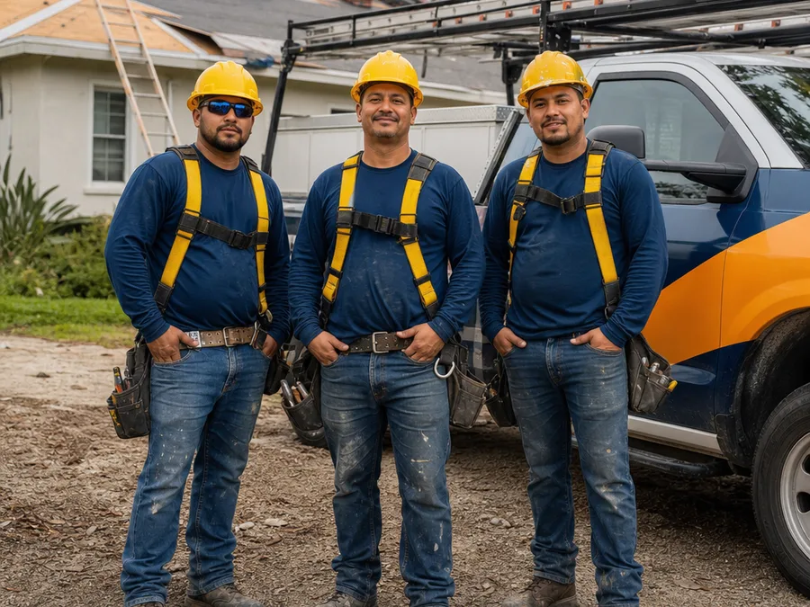Roofing crew in clean safety gear beside a work truck at an Okeechobee residential jobsite