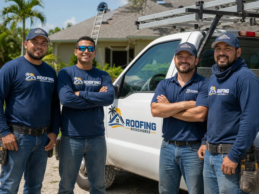 Roofing crew in clean safety gear beside a work truck at an Okeechobee residential jobsite